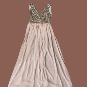 V neck, Low back, Rose gold and light pink dress